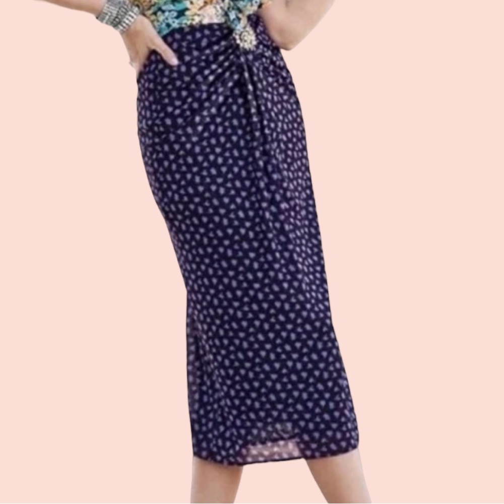 CAbi Black with Purple Floral Knit Mesh "Island" Midi Skirt #5887 XXL